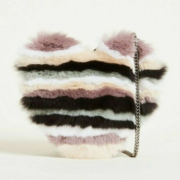 Rebecca Minkoff Furry Heart Crossbody Small Leather Stripe Chain Strap Bag - Picture 1 of 8